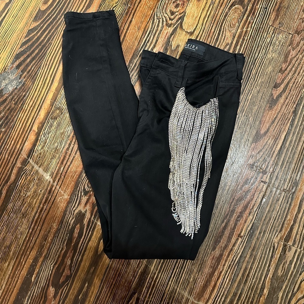 AKIRA Size 5 black Rhinestone fringe jeans